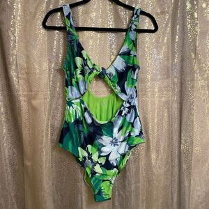 Aerie Green Blue Tropical Floral Knot Front Cutout One Piece Swimsuit Medium